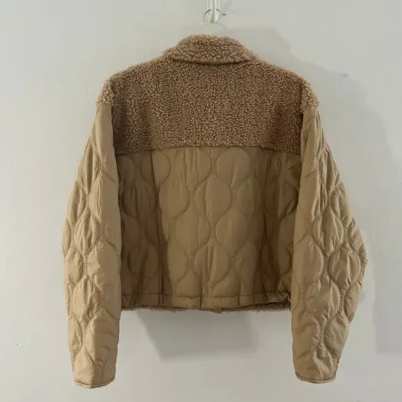 Athleta Fleece Hybrid Jacket Women's Large Tan Neutral Bomber Sherpa Quilted NEW - Picture 13 of 14